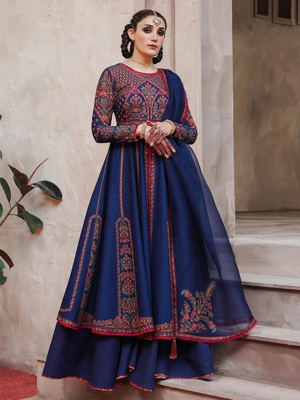 Hussain Rehar embroidered Navy Blue Long Sleeve Anarkali Dress